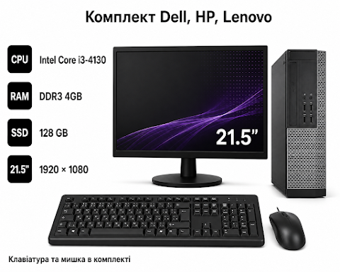 Комп’ютерний комплект Б/В Dell, HP або Lenovo: Intel Core i3, 4 ГБ RAM, SSD 128 ГБ, монітор 21,5″ Full HD